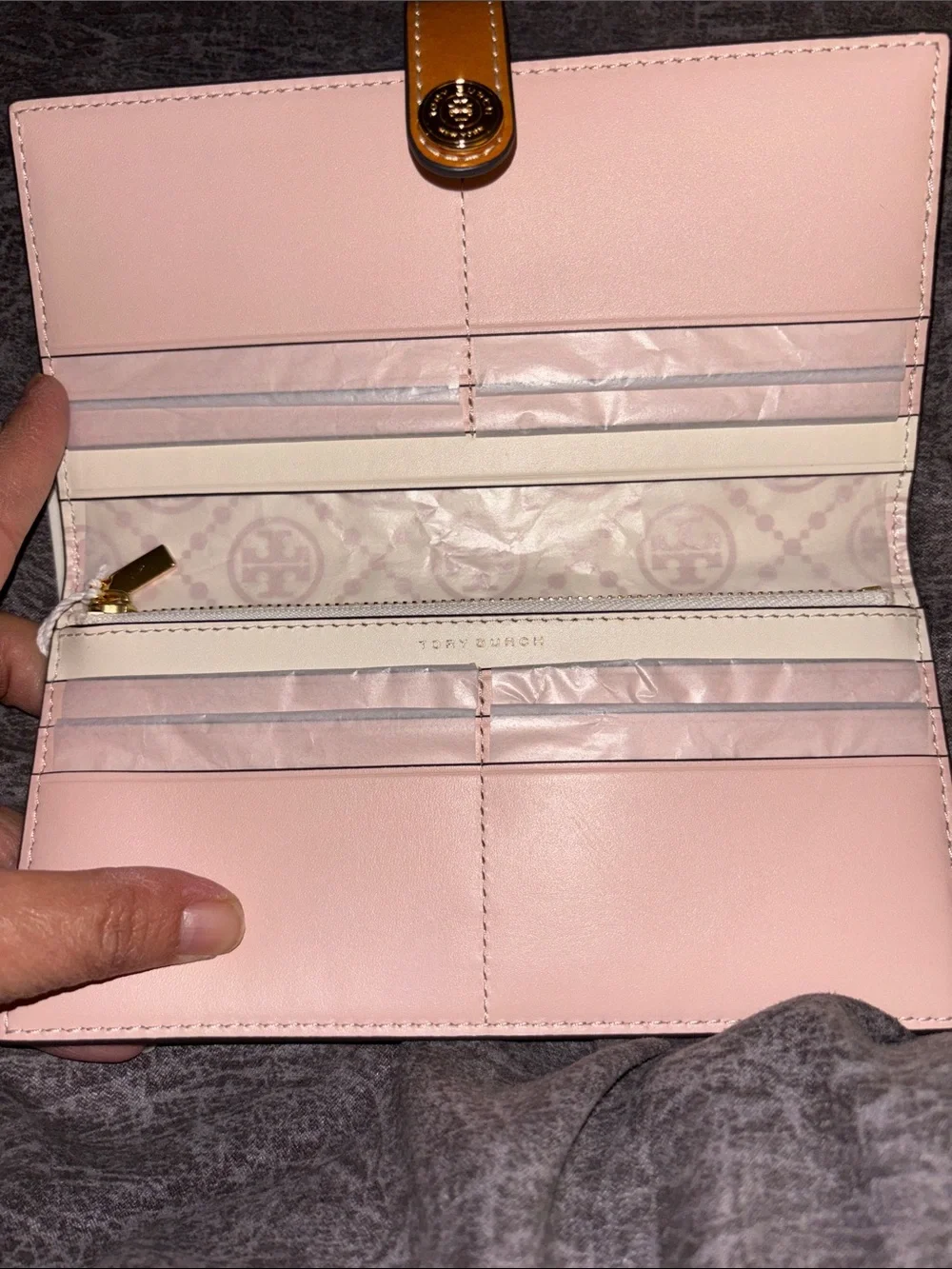 Tory Burch Pink & Cream Logo-Print Leather Card Holder with Tan Snap